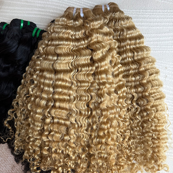 Honey Blonde Baby Curly Raw Hair Weft Extensions