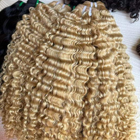 Honey Blonde Baby Curly Raw Hair Weft Extensions